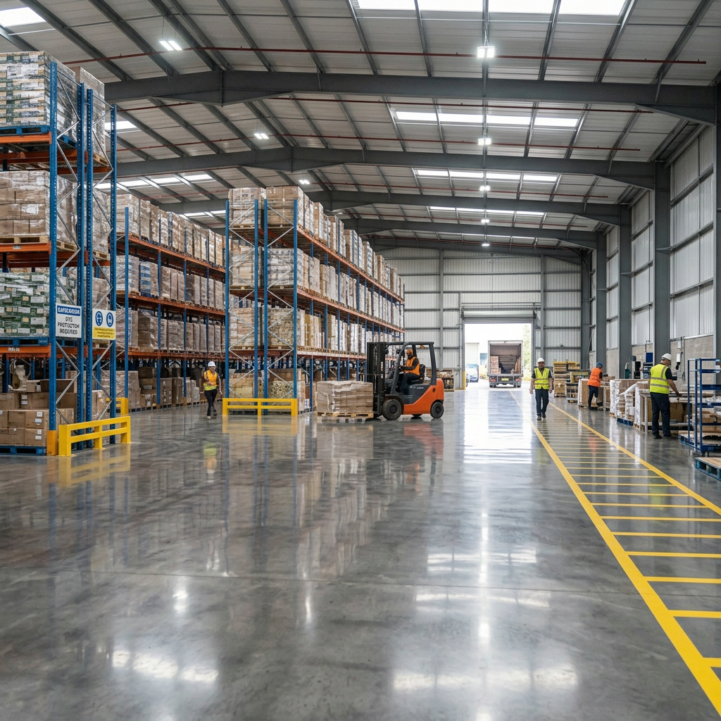 Warehouse interior with tall shelving units, pallets, forklift, and workers in safety gear