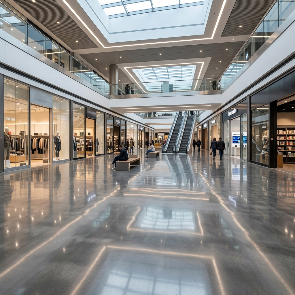 Four images showing commercial flooring types: reflective warehouse floor, slip-resistant parking garage floor, multi-color epoxy factory floor, and polished showroom floor.