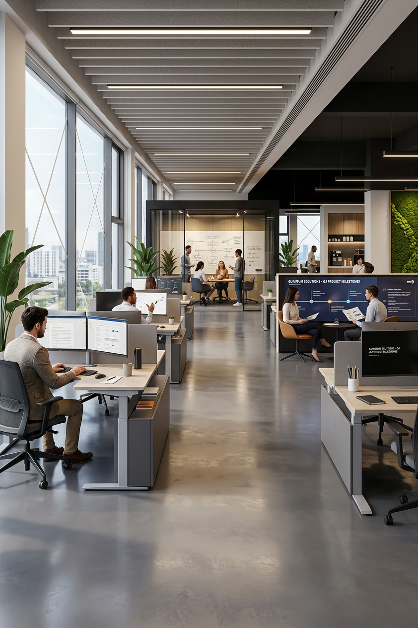 Open office with desks, computers, and workers collaborating in meeting rooms