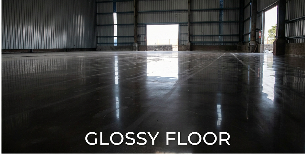 Treated dust-free polished concrete floor after R Cure Formula lithium silicate densifier — 50000 sqft MIDC Mahad Maharashtra project