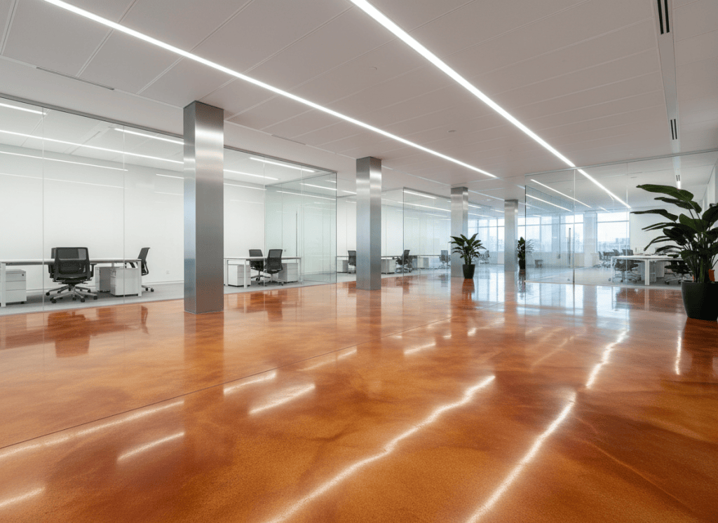 Realistic photo of a polishable dye concrete floor in a modern commercial space. The floor shows rich amber and earthy tones with a semi-gloss finish, smooth surface with subtle concrete texture visible. Wide angle shot showing the full floor expanse, professional interior photography style.