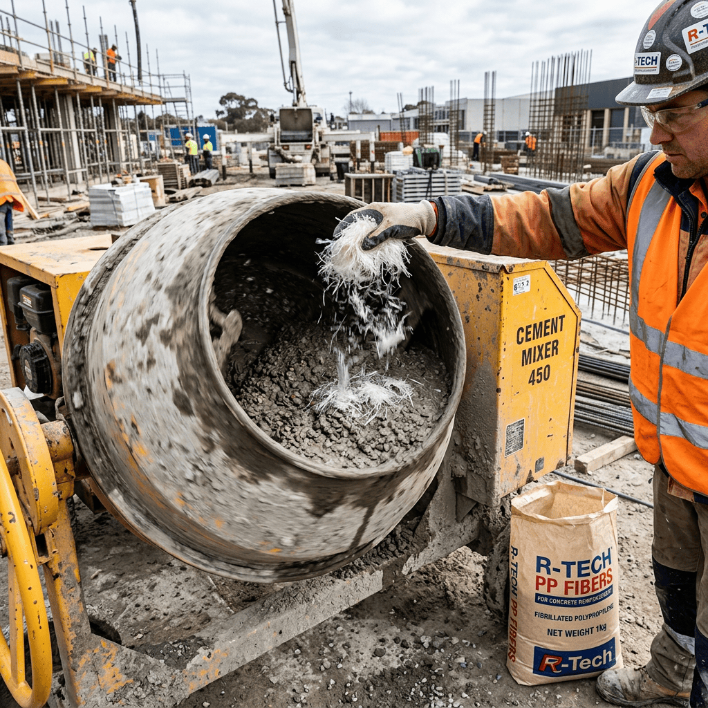 Worker adding polypropylene fibers into a cement mixer on construction site
