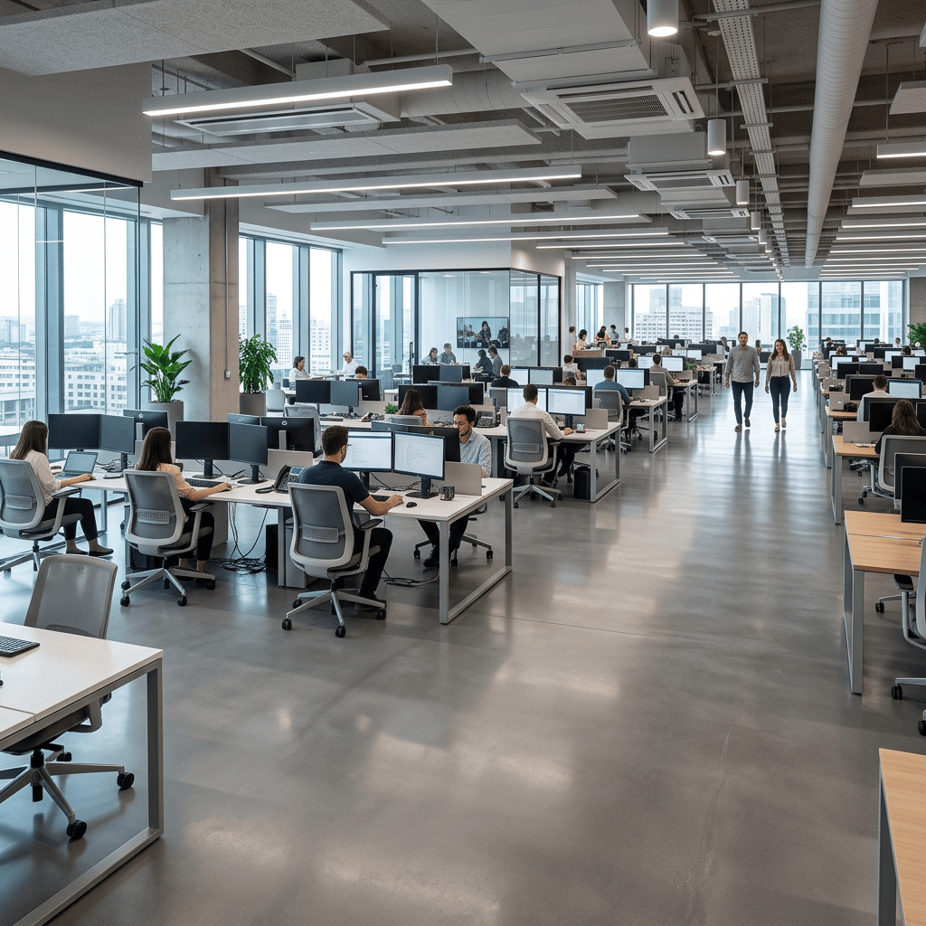 Open-plan office with rows of desks, computers, and people working