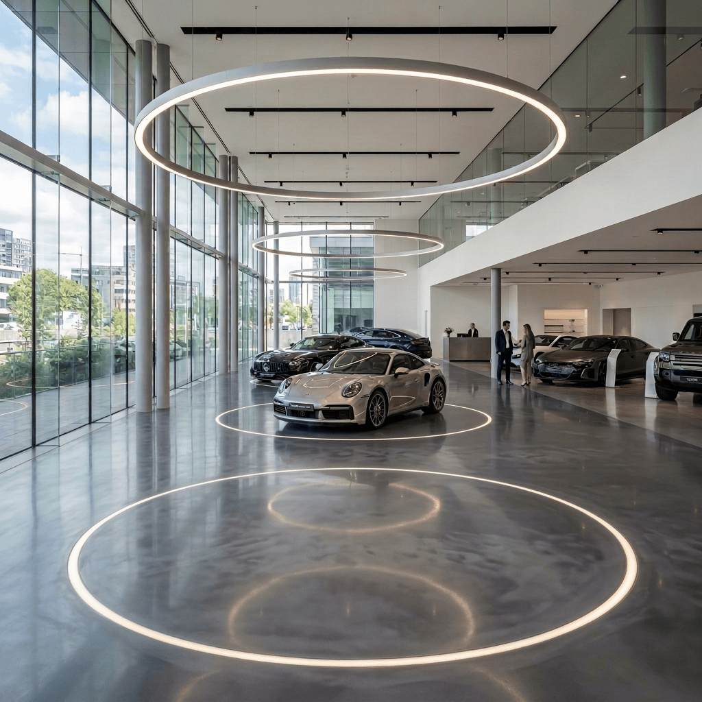 Silver sports car displayed under large circular lights in a modern showroom