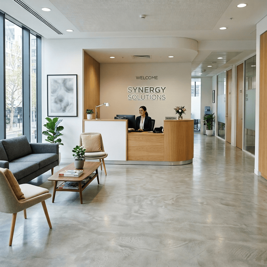 Reception desk with a smiling receptionist and seating area in a modern office lobby