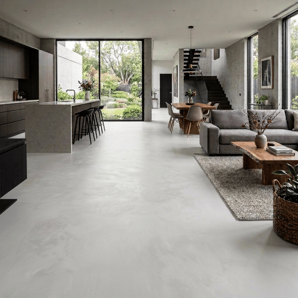 Open-plan living room and kitchen with large windows overlooking a garden