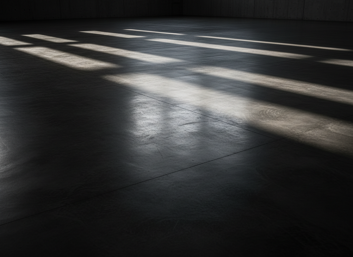 Dark charcoal polished industrial concrete floor surface, moody dramatic side lighting