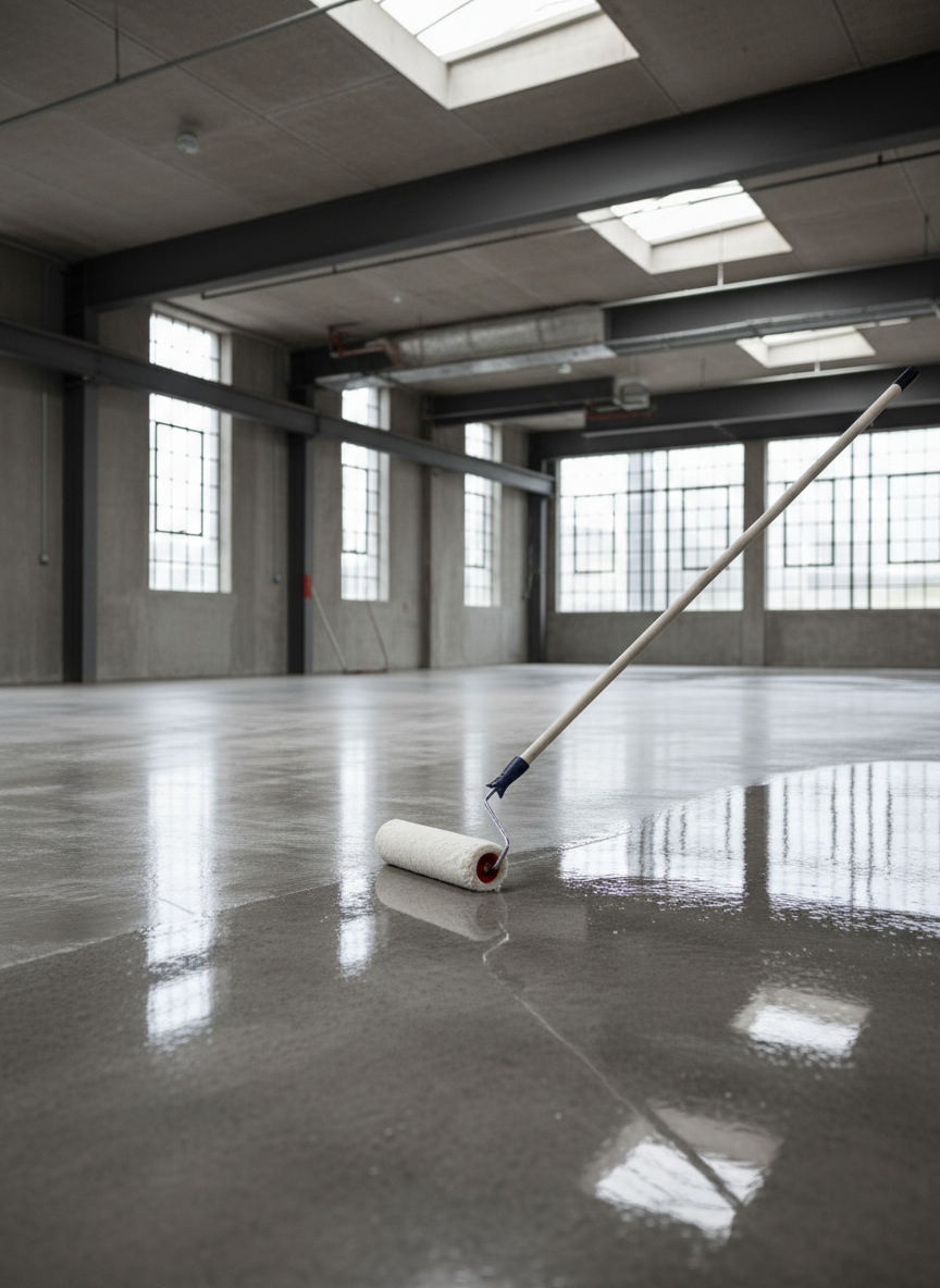 Concrete sealer being applied to a polished floor surface