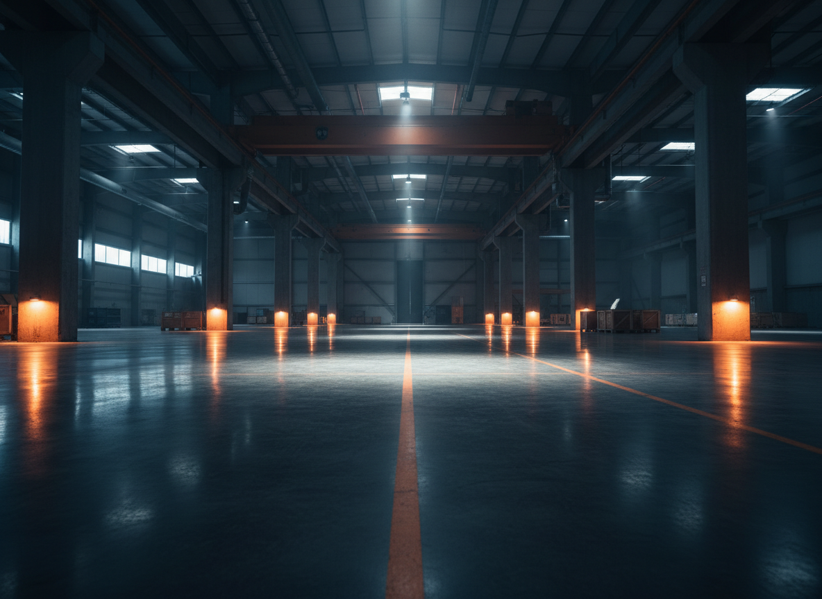 Dramatic industrial concrete flooring in a large modern warehouse, polished glossy concrete floor reflecting light, moody dark atmosphere with warm orange accent lighting