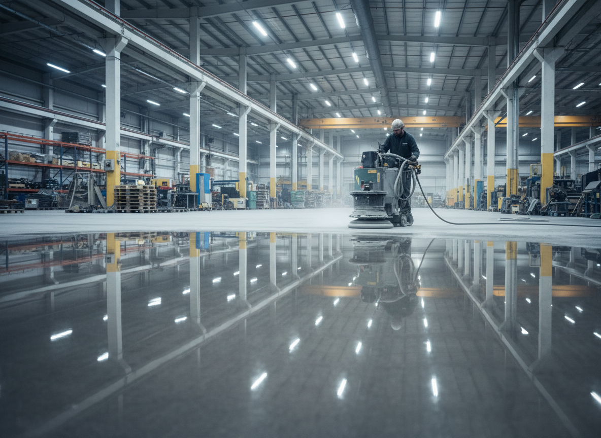 Professional concrete polishing machine grinding a factory floor to a high-gloss mirror finish, diamond grinding equipment, bright reflective surface, industrial setting, realistic photo