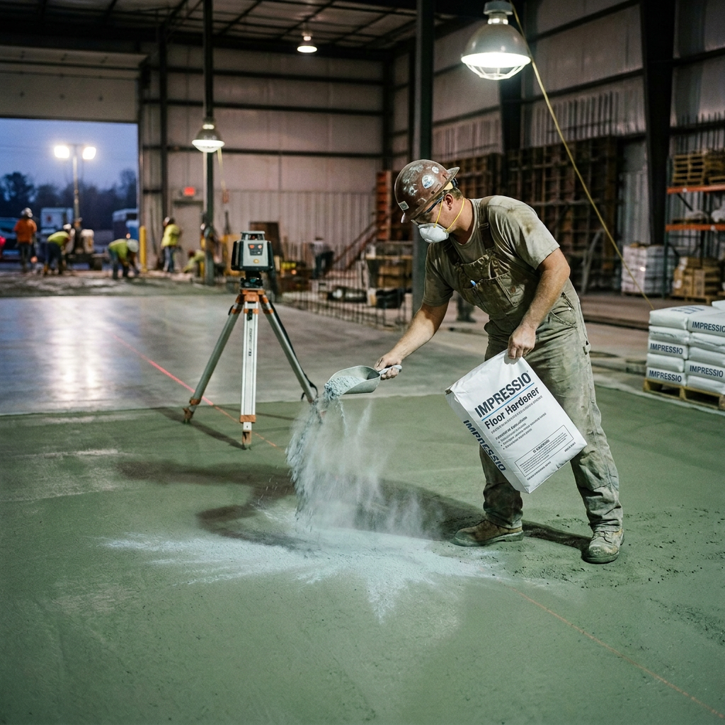 Construction worker spreading powdered material on a warehouse floor
