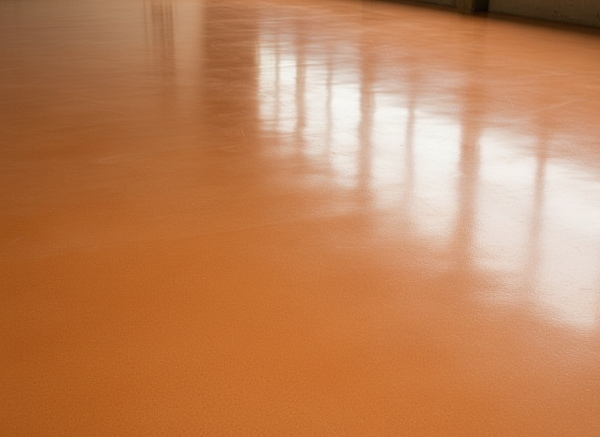 Beautifully polished colored industrial concrete floor with a warm terracotta-orange hardened high-gloss finish
