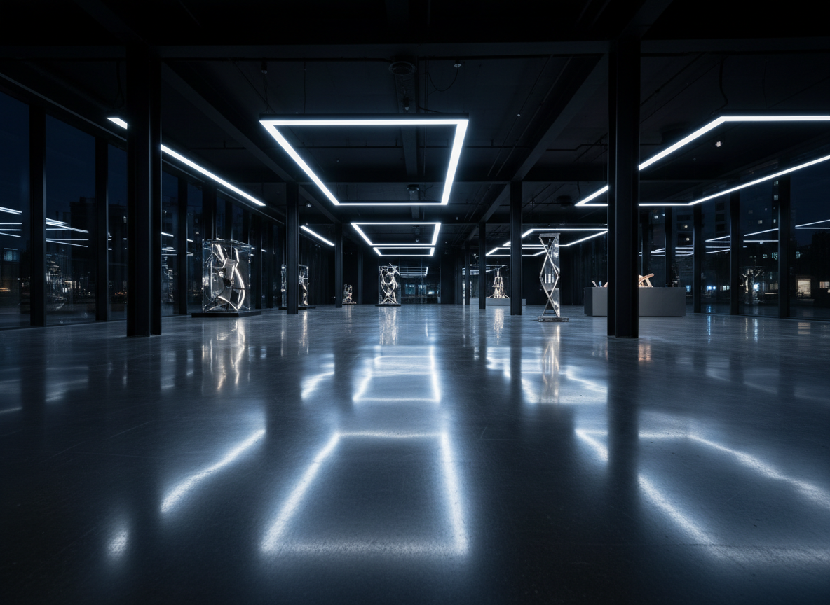 A stunning high-gloss polished concrete floor in a large modern warehouse showroom, mirror-like reflective grey concrete surface reflecting overhead lighting