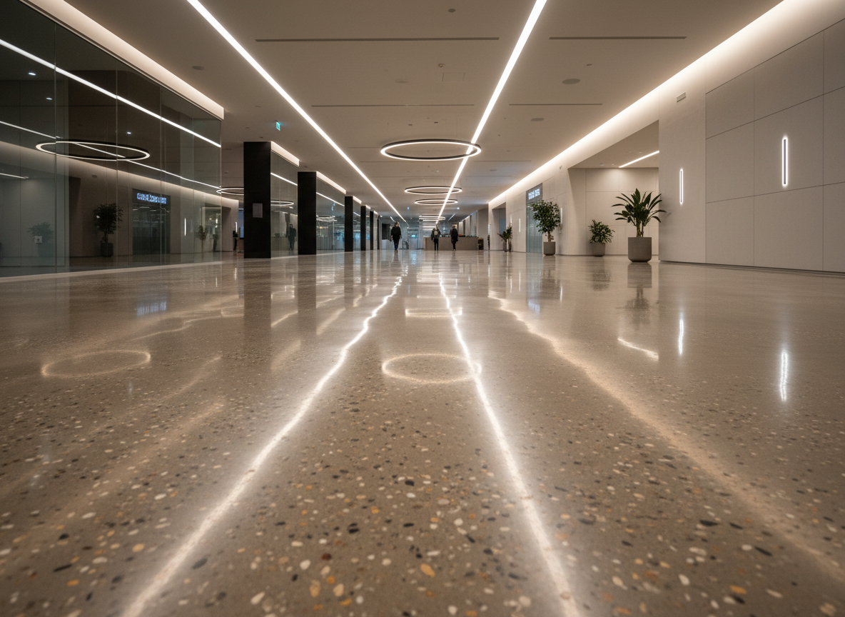 High-gloss polished concrete floor with mirror-like reflective finish
