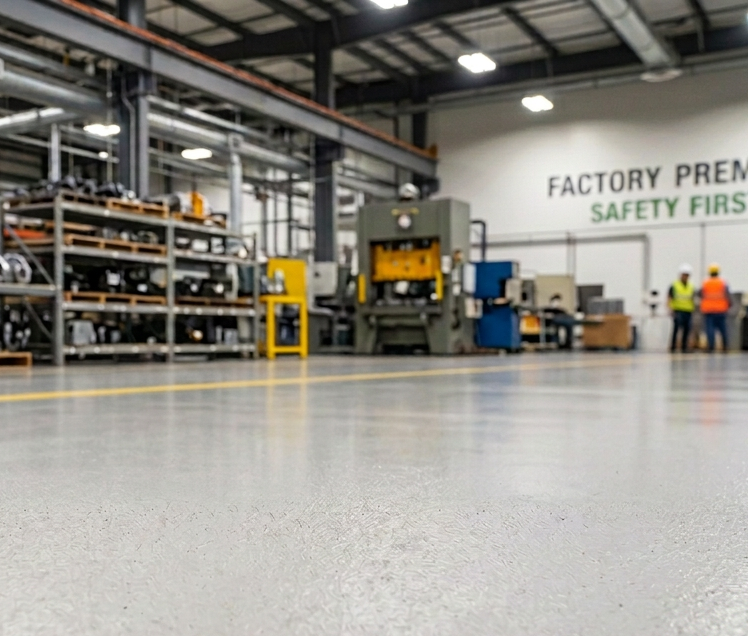 Does Not Peel or Delaminate Close-up of a seamless, integral colored concrete floor surface showing no peeling, chipping, or delamination β smooth and intact industrial flooring