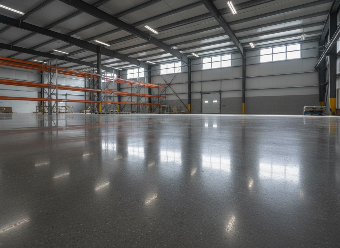 Dust-free polished concrete floor with a clean, reflective, glossy surface in an industrial warehouse setting. The floor is highly polished and mirrors light, showing no dust or surface contamination. Professional industrial flooring.