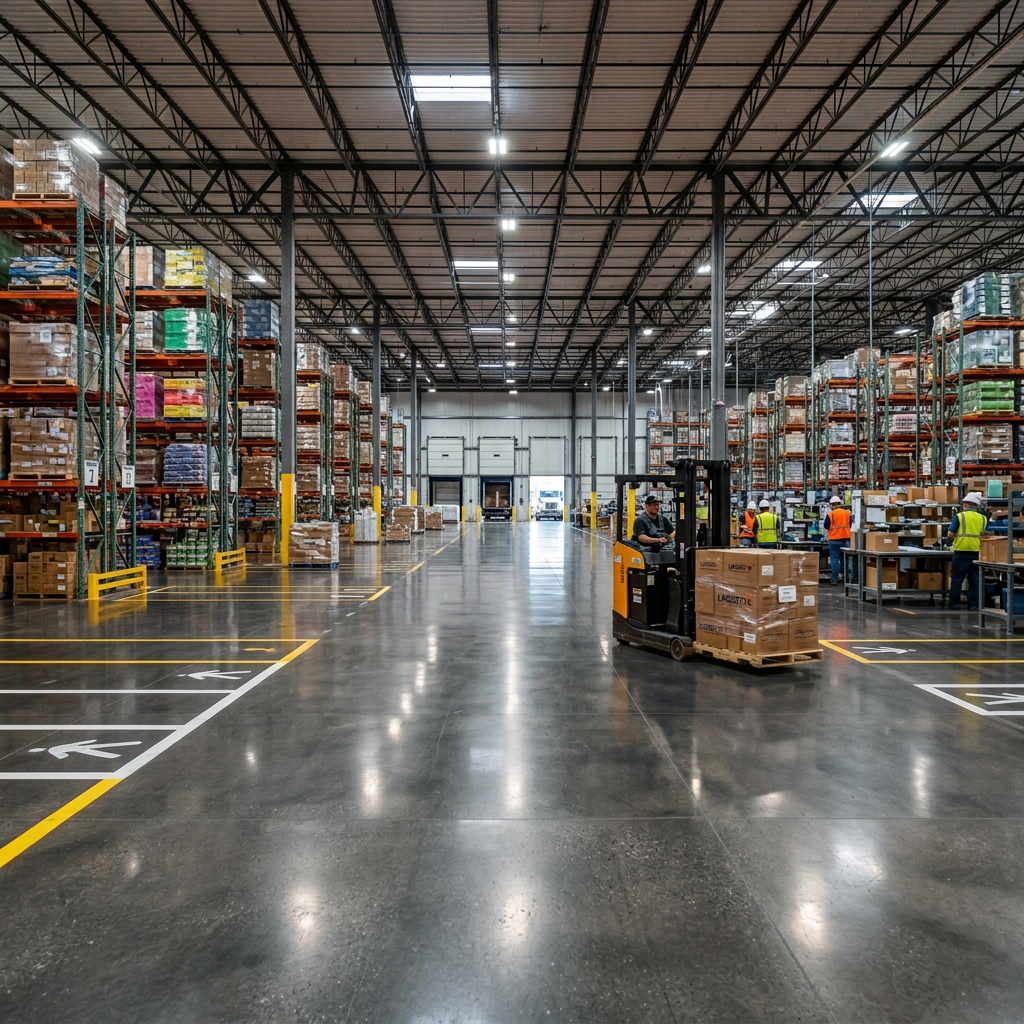 Modern Warehouse Logistics And Operations Forklift and workers moving pallets between warehouse storage racks