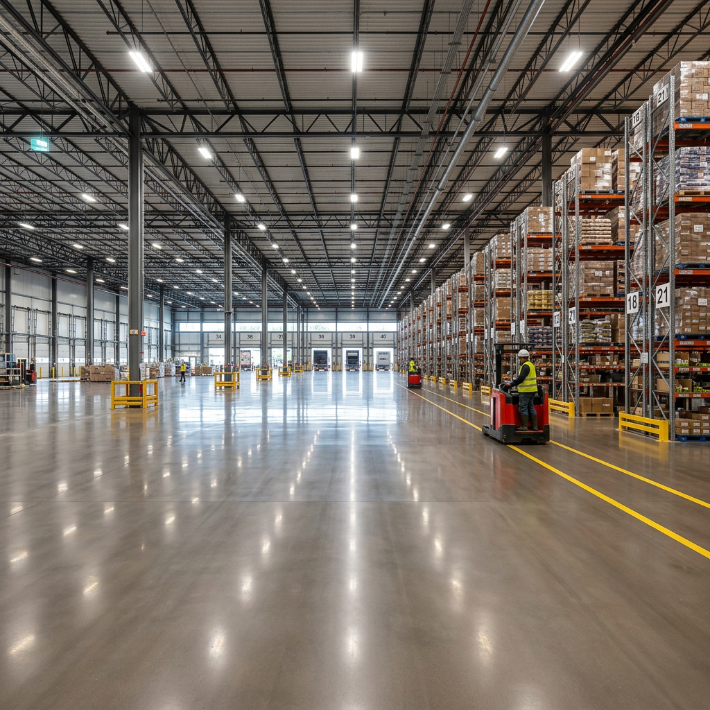 Worker operating a pallet truck beside fully stocked warehouse racks