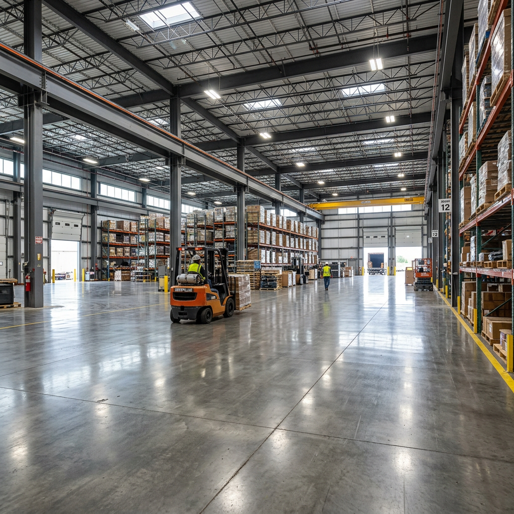Forklift operating inside a large warehouse with stacked pallets