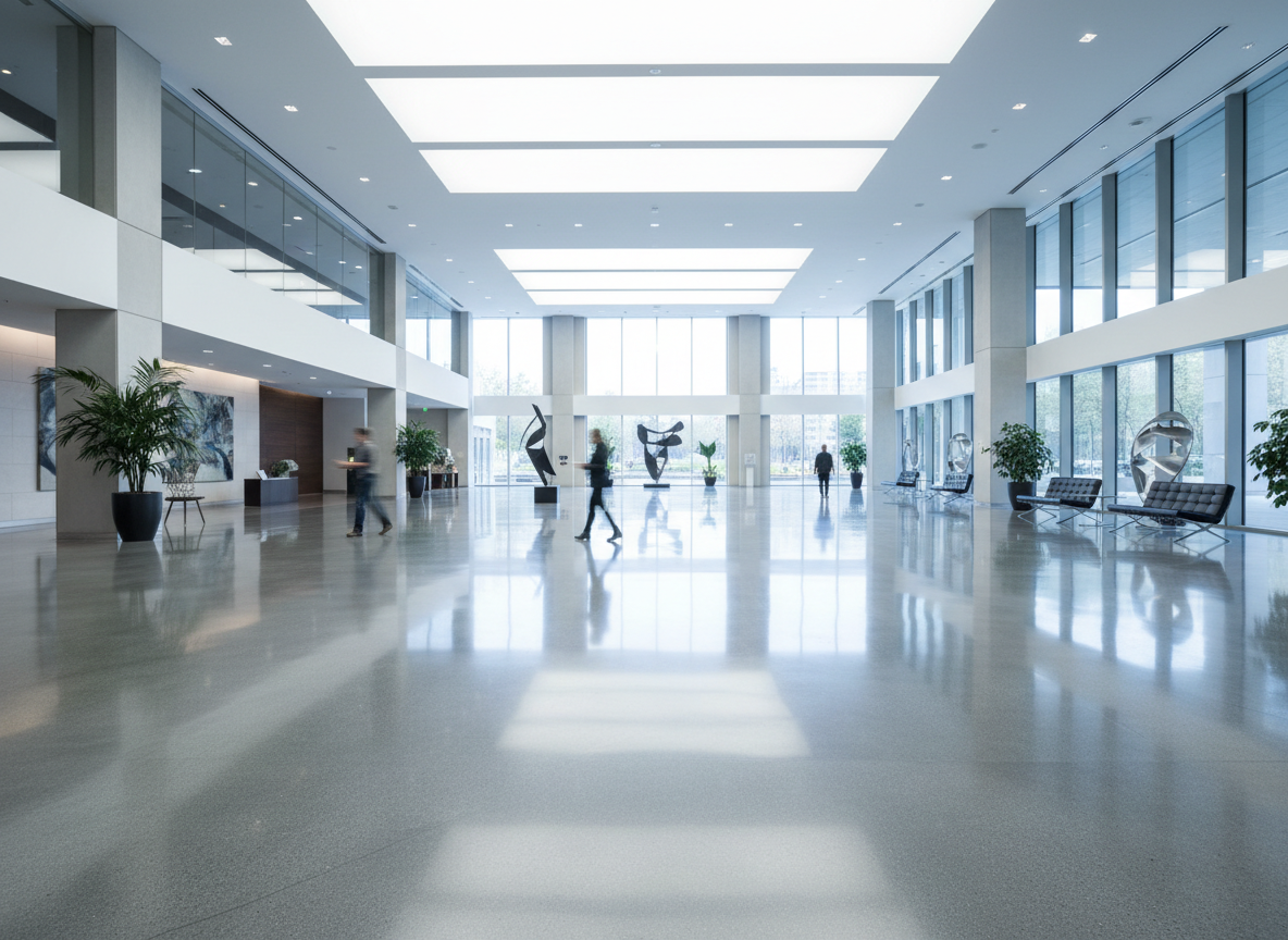 Polished concrete floor in commercial building — R Cure Formula lithium silicate densifier India