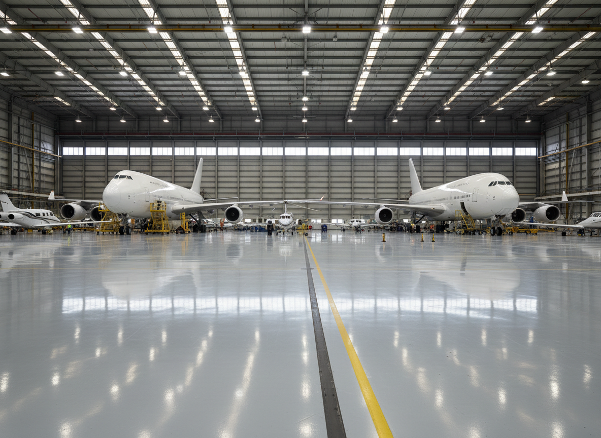 Airport hangar and data center dust-proof concrete floor with R Cure Formula lithium silicate densifier India