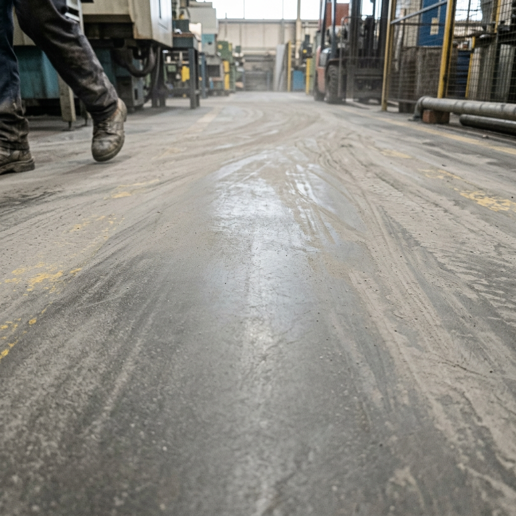 Worker walking through an industrial workshop with machinery and worn safety-marked flooring