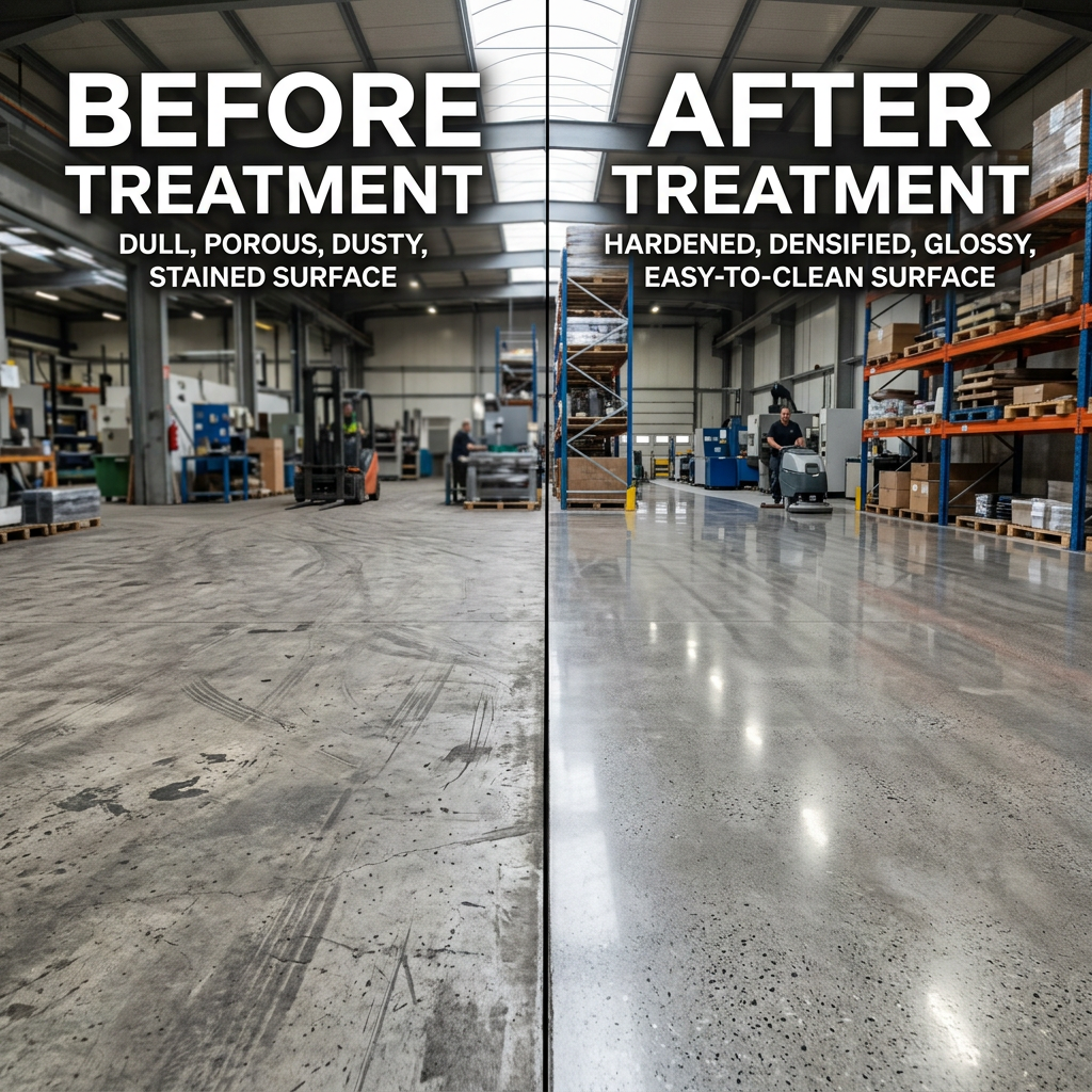 Before-and-after comparison of a warehouse floor treatment