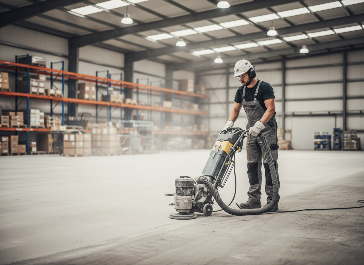 Concrete floor surface preparation — industrial floor grinding and cleaning before lithium silicate densifier application India