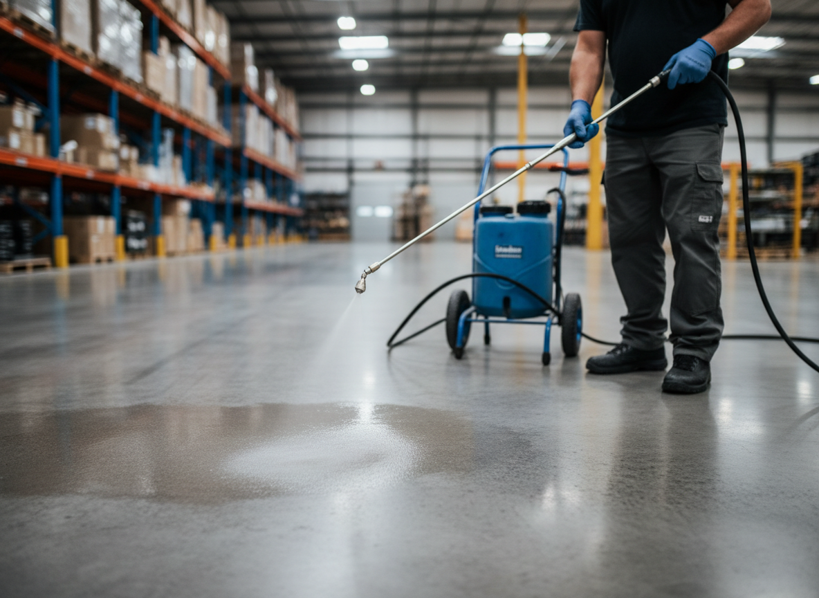 Worker spray-applying R Cure Formula lithium silicate densifier on industrial concrete floor — concrete hardener application India