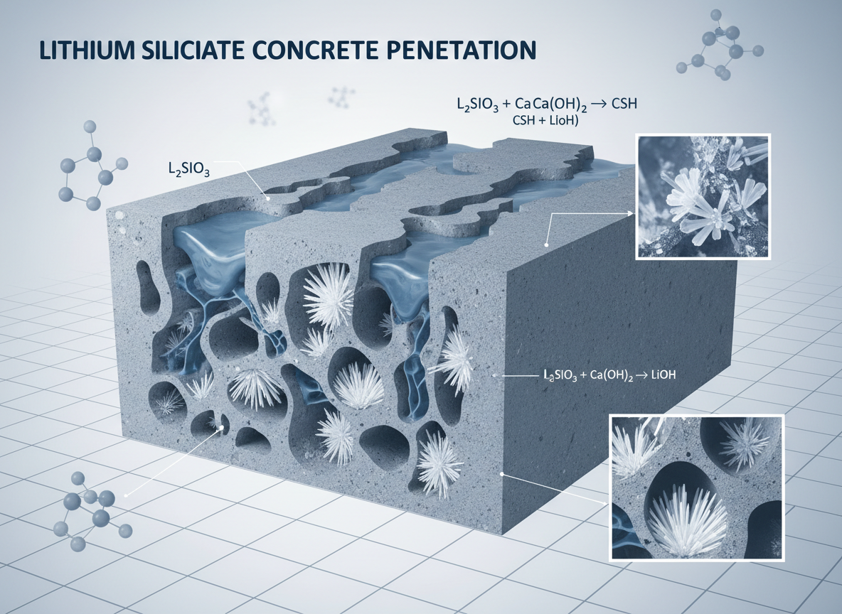 Lithium silicate chemical reaction forming CSH calcium silicate hydrate crystals inside concrete pores — concrete densifier molecular penetration