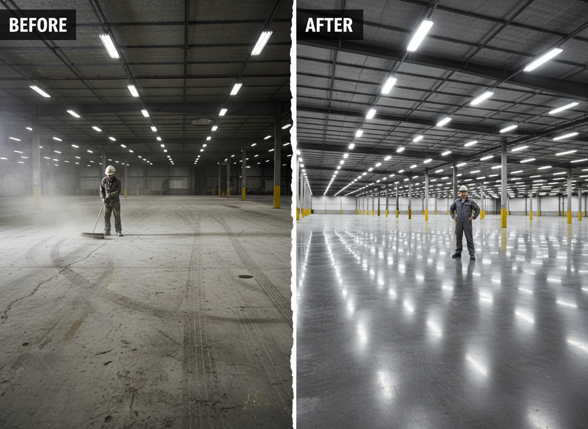 Mirror-finish polished dust-free hardened concrete floor in industrial warehouse after lithium silicate densifier treatment India