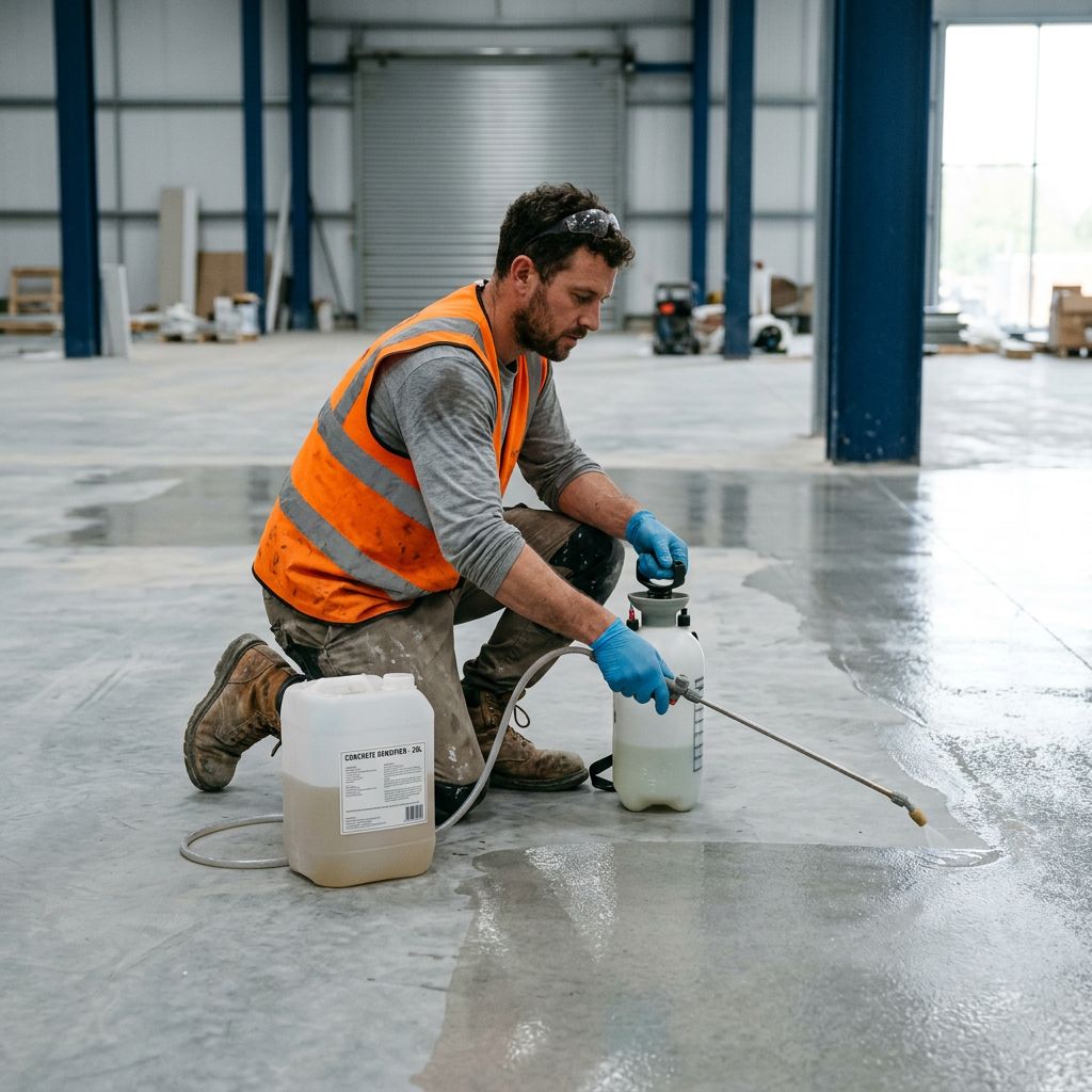 Worker in safety vest spraying concrete floor sealant inside a warehouse