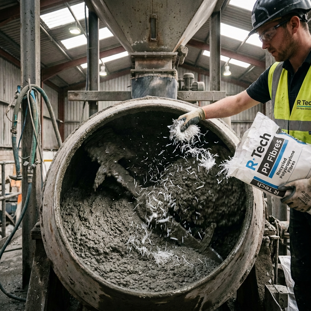 Worker adding recycled polypropylene fibers to wet concrete in a mixer