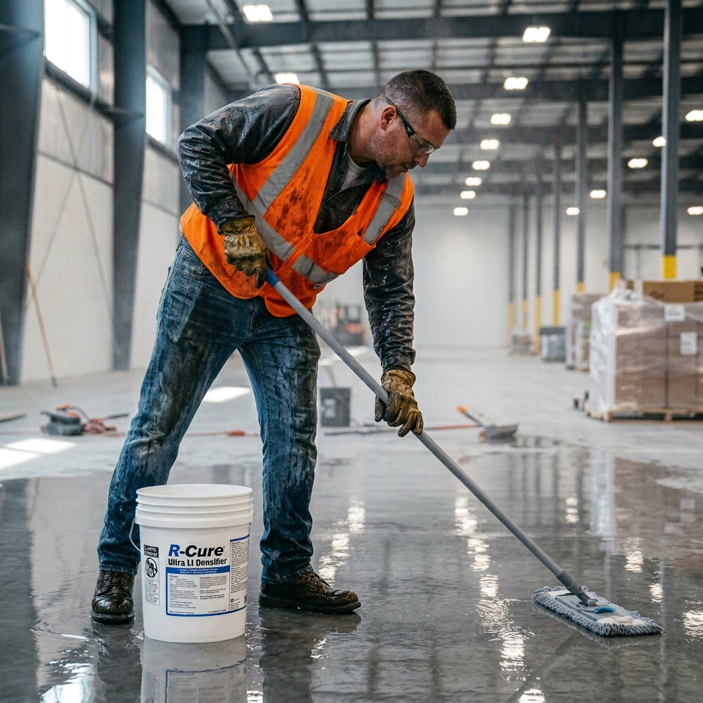 Worker mopping warehouse floor beside bucket labeled R-Cure Ultra LI Densifier