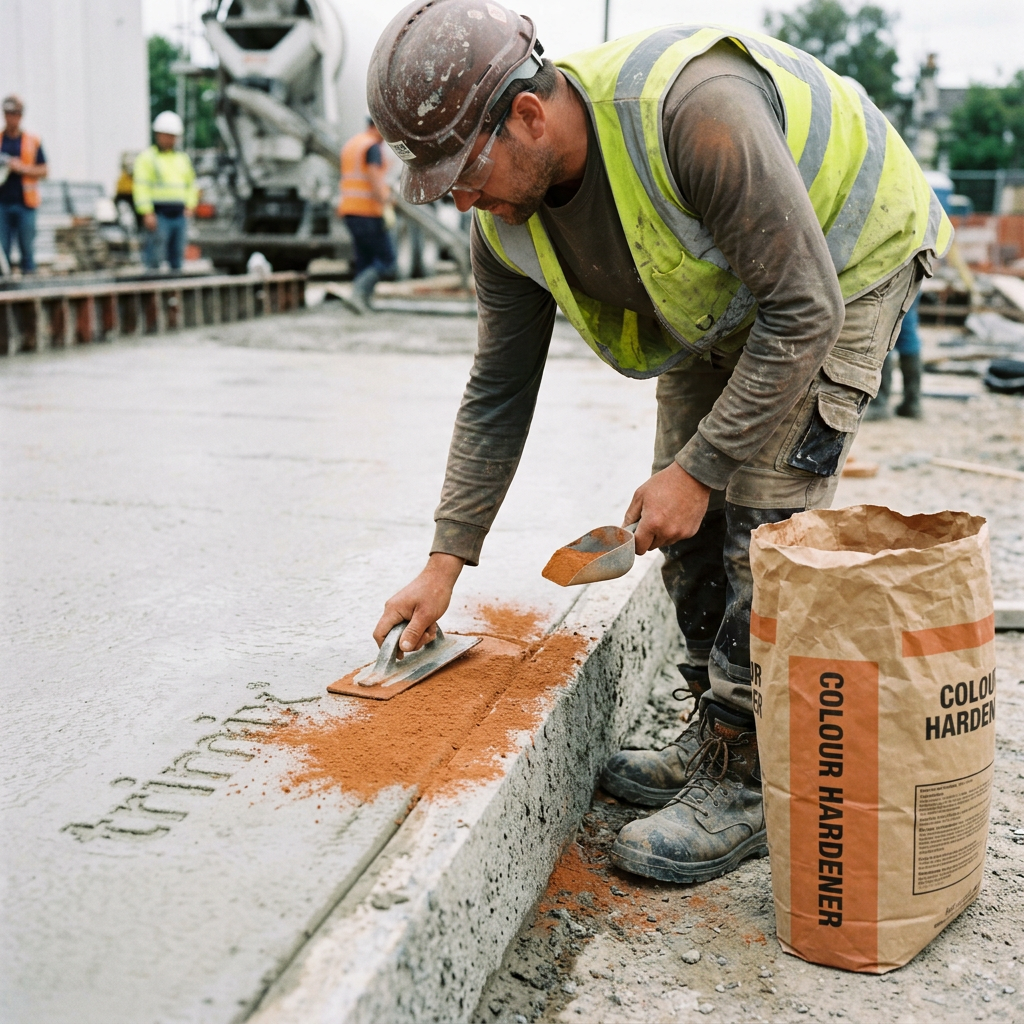 Construction worker applying color hardener to a concrete surface