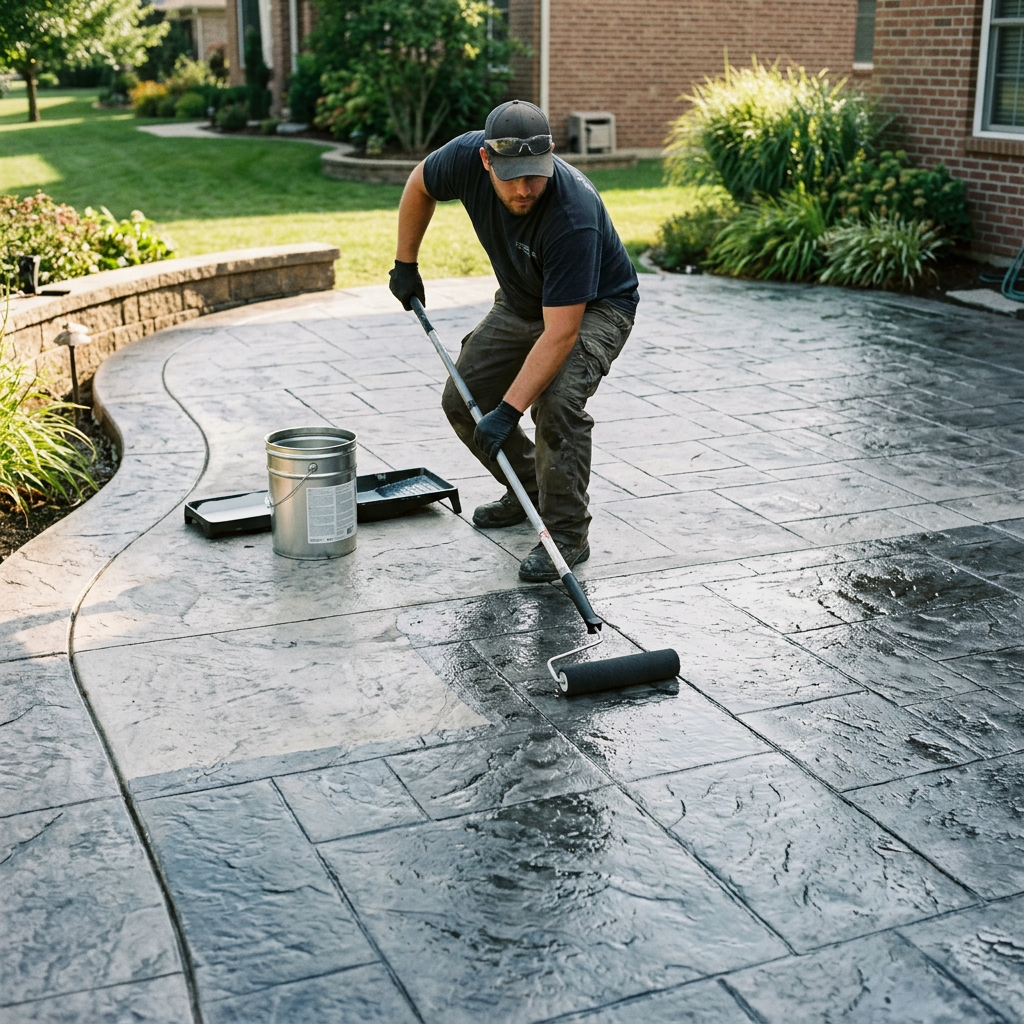 Worker rolling sealant onto a residential stamped-concrete patio