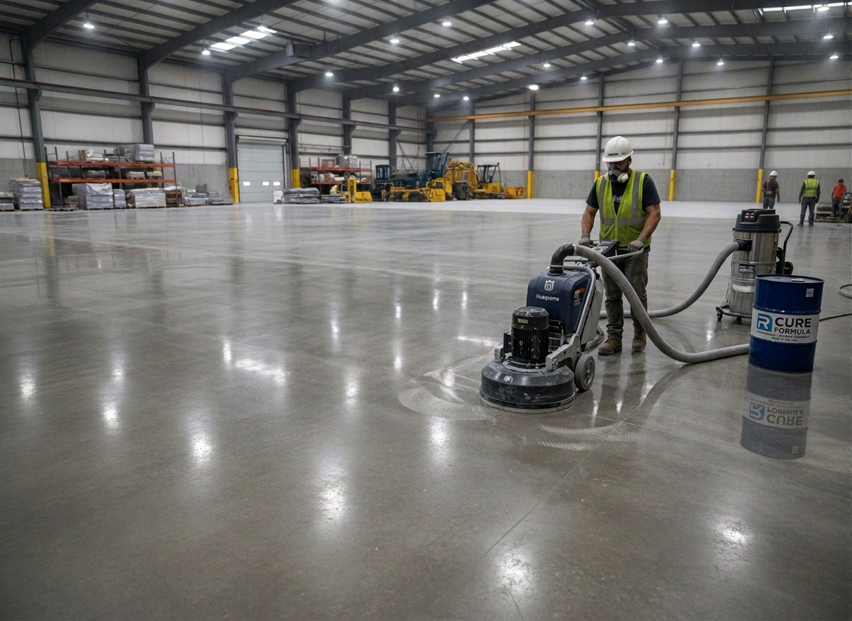 Industrial worker applying liquid concrete densifier on a large warehouse floor, chemical reaction hardening the surface, professional concrete treatment, realistic photo