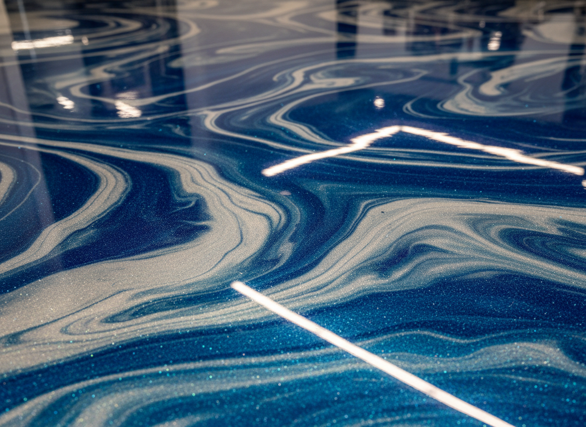 Pearlescent metallic epoxy flooring with swirling patterns